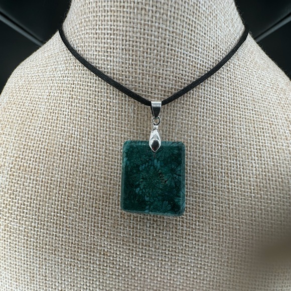 Green Coral Fossil Square Pendant on Black Satin Rope Cord - Picture 4 of 14
